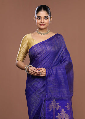 Blue Handloom Matka Pure Silk Saree With Blouse Piece