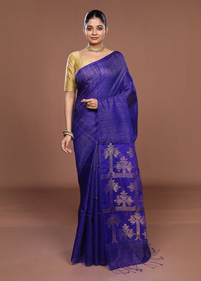 Blue Handloom Matka Pure Silk Saree With Blouse Piece