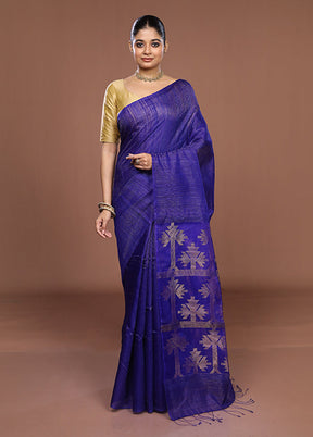 Blue Handloom Matka Pure Silk Saree With Blouse Piece