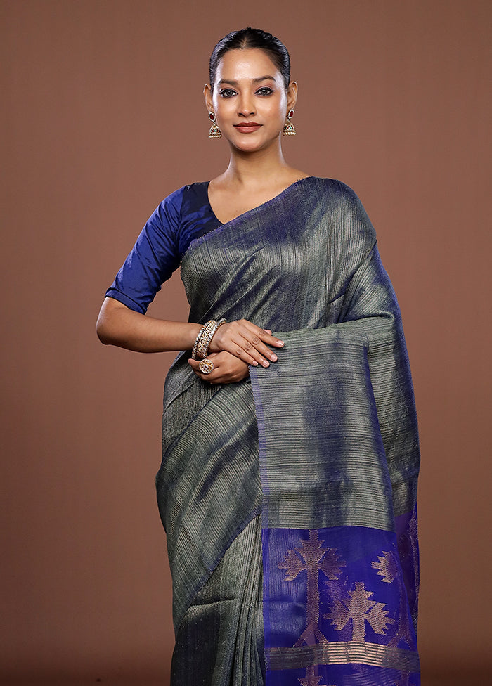 Blue Handloom Matka Pure Silk Saree With Blouse Piece