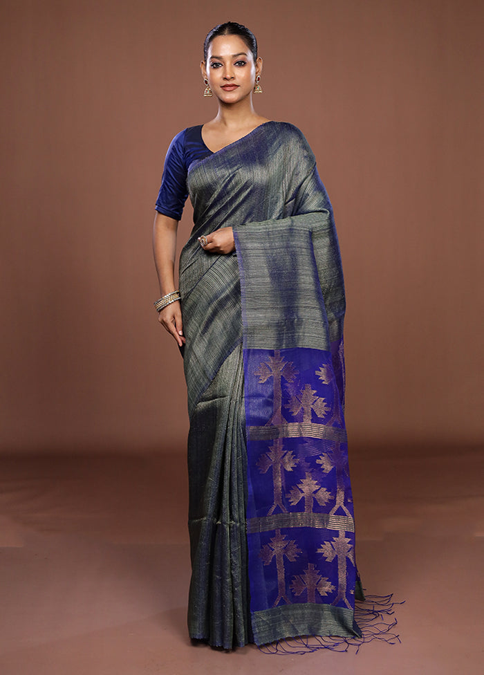 Blue Handloom Matka Pure Silk Saree With Blouse Piece
