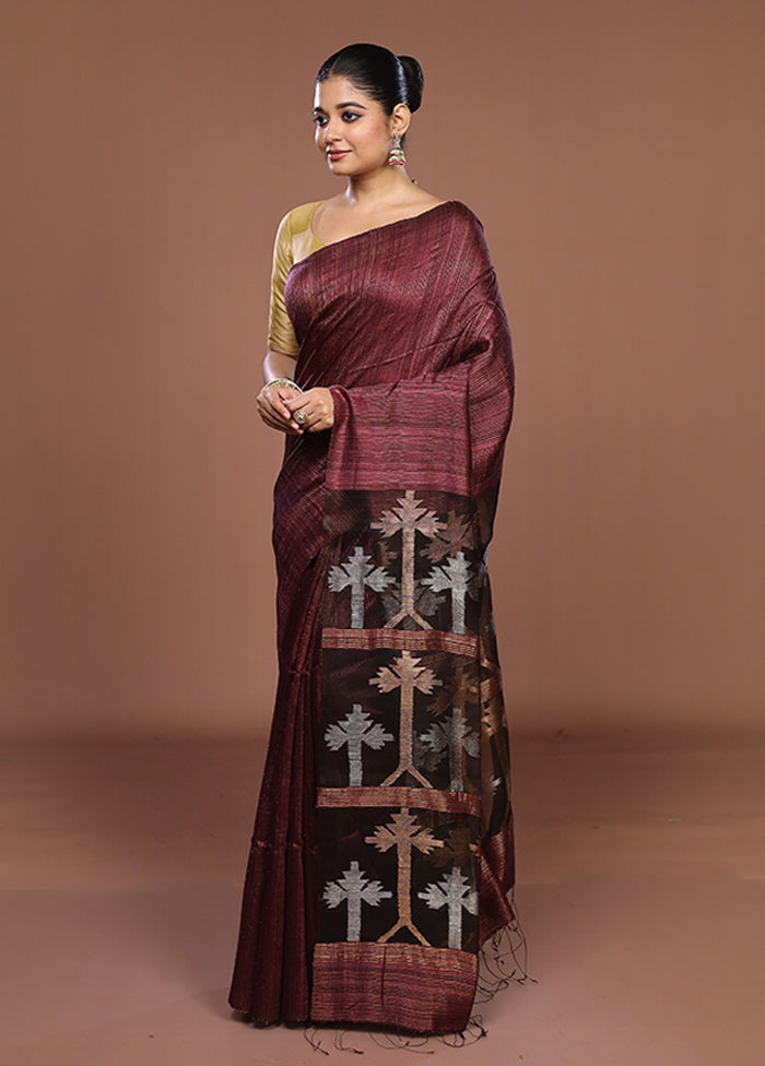 Maroon Handloom Matka Pure Silk Saree With Blouse Piece