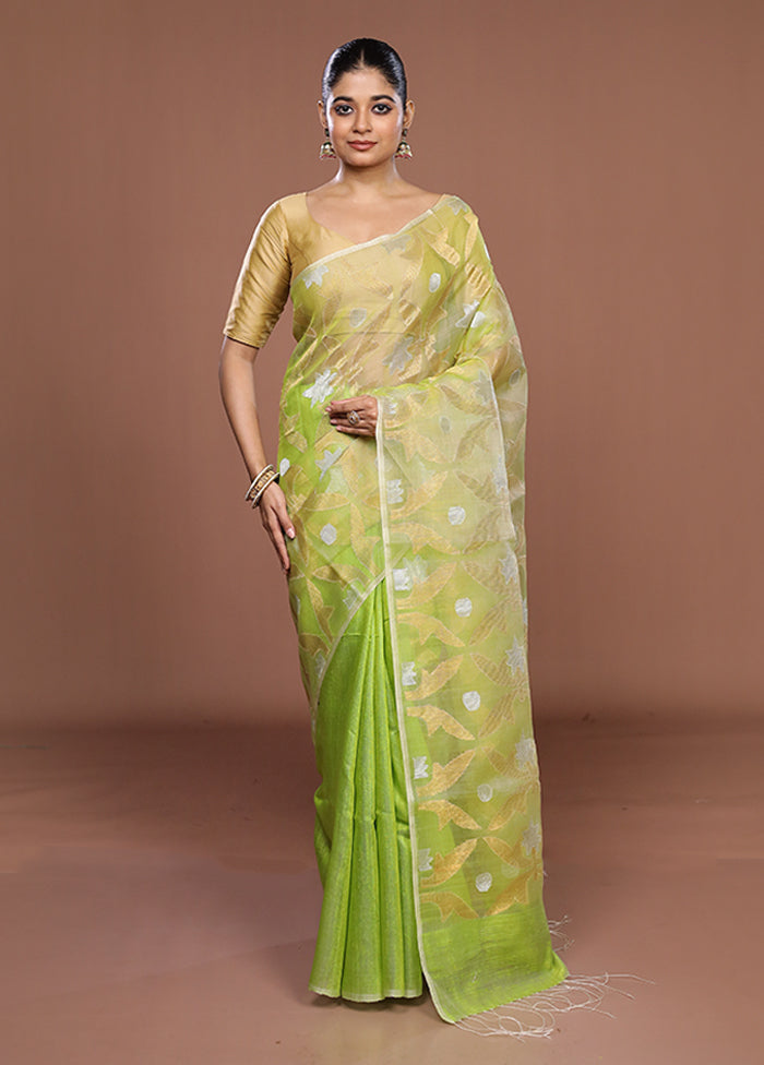 Green Handloom Matka Pure Silk Saree With Blouse Piece