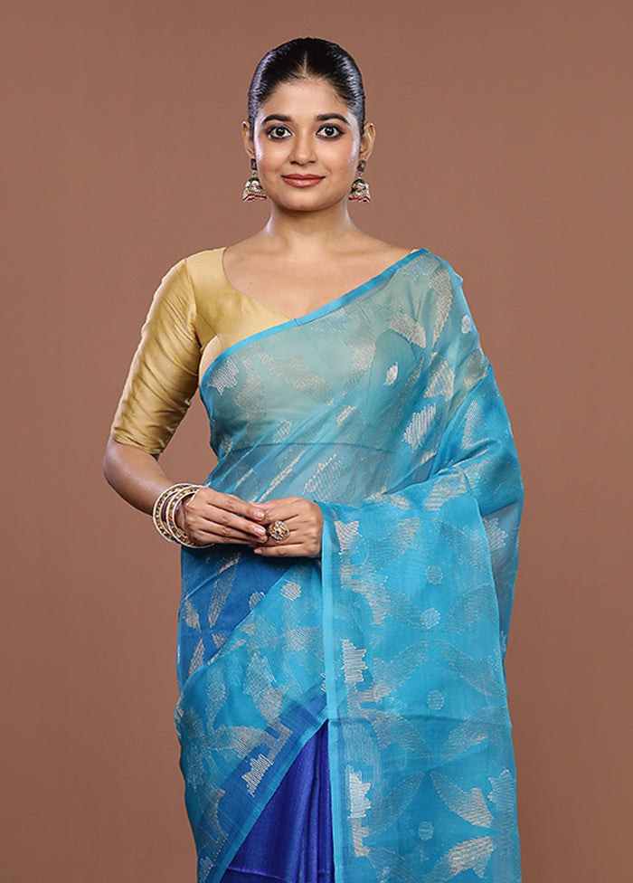 Blue Handloom Matka Pure Silk Saree With Blouse Piece