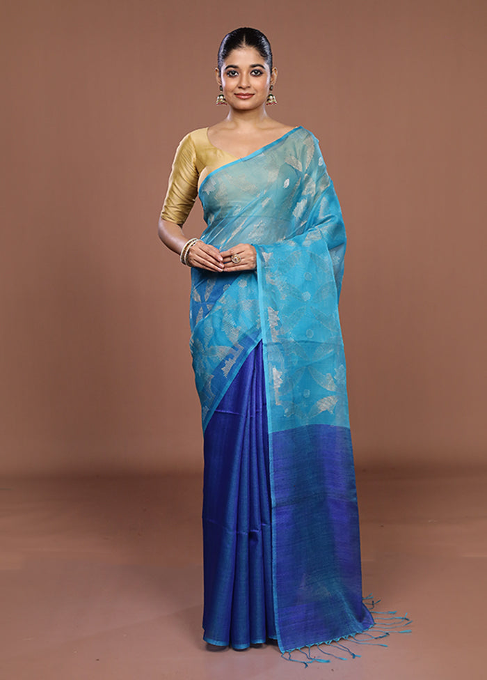 Blue Handloom Matka Pure Silk Saree With Blouse Piece