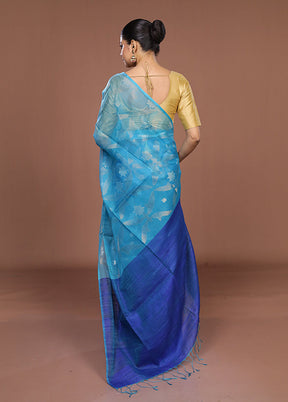 Blue Handloom Matka Pure Silk Saree With Blouse Piece