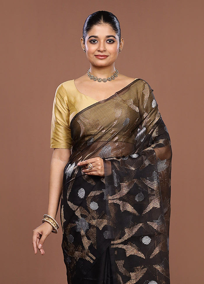 Black Handloom Matka Pure Silk Saree With Blouse Piece