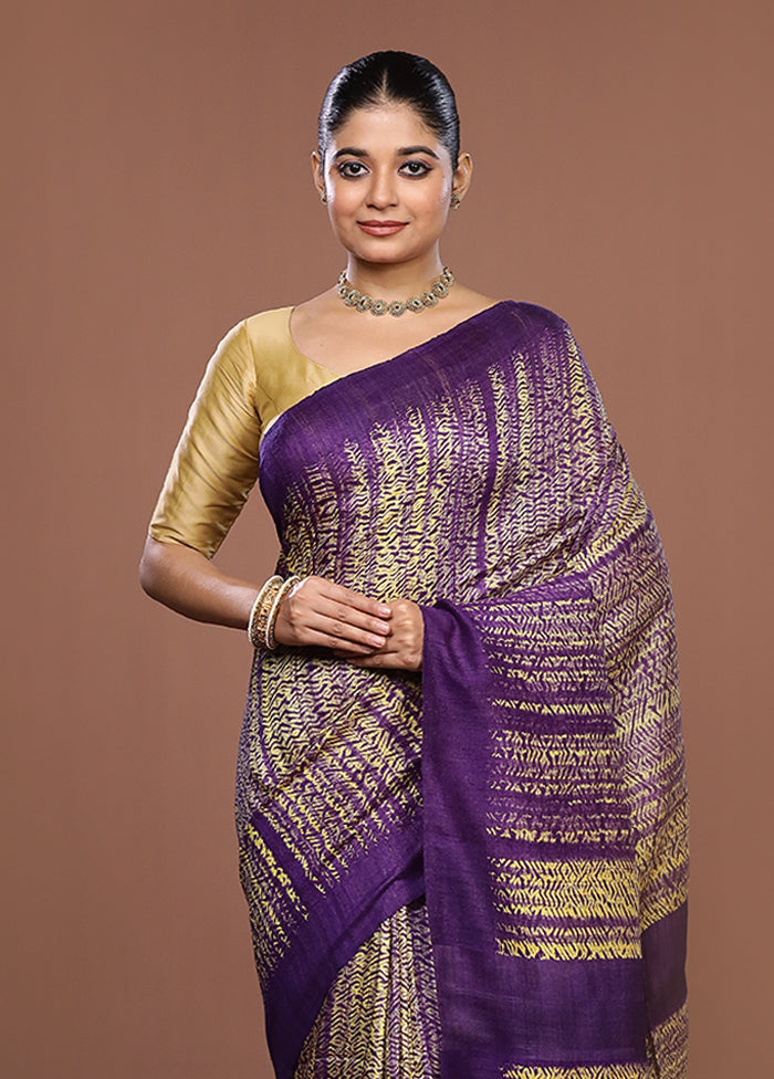 Purple Handloom Matka Pure Silk Saree With Blouse Piece