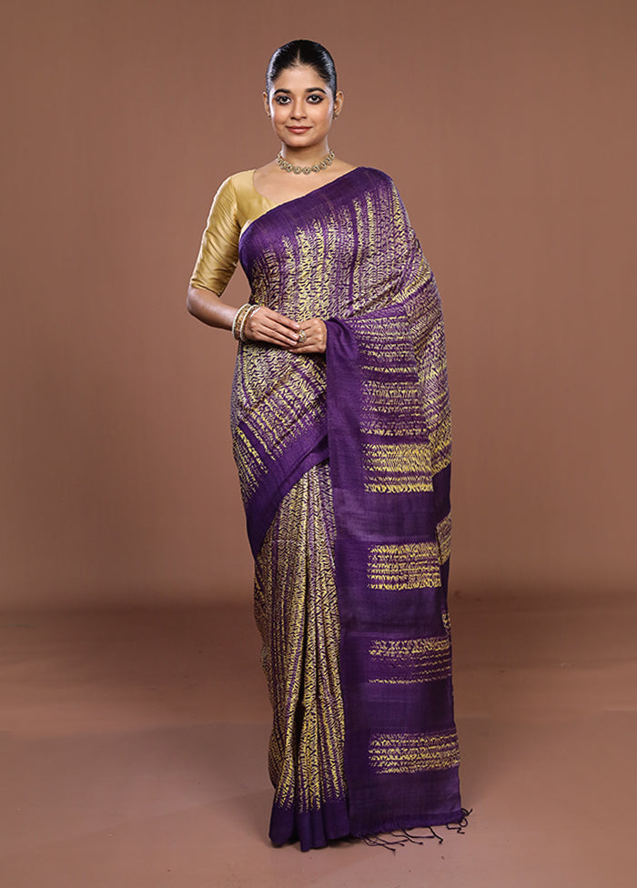 Purple Handloom Matka Pure Silk Saree With Blouse Piece