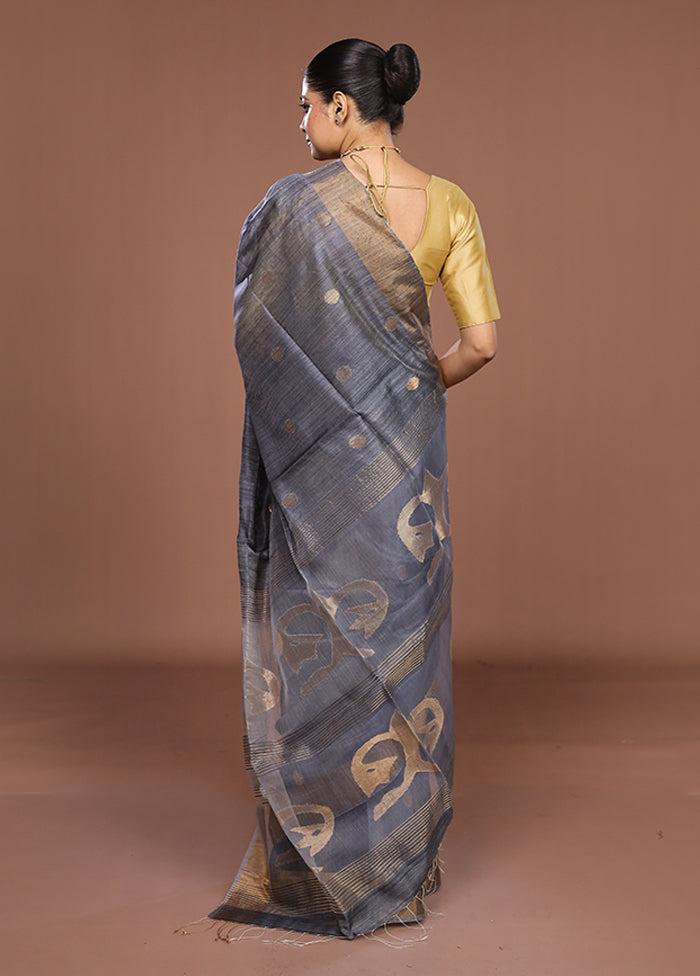 Grey Handloom Matka Pure Silk Saree With Blouse Piece