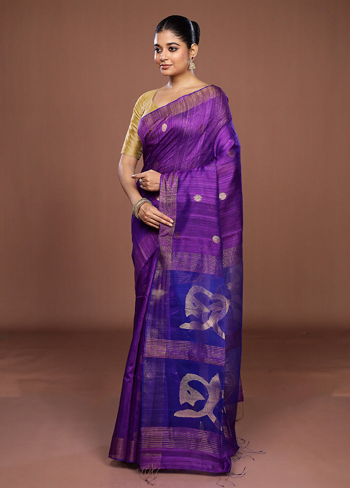 Purple Handloom Matka Pure Silk Saree With Blouse Piece