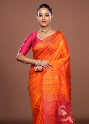 Rust Handloom Matka Pure Silk Saree With Blouse Piece