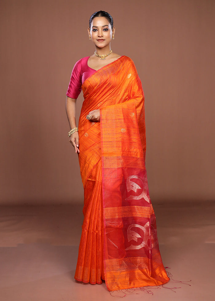 Rust Handloom Matka Pure Silk Saree With Blouse Piece