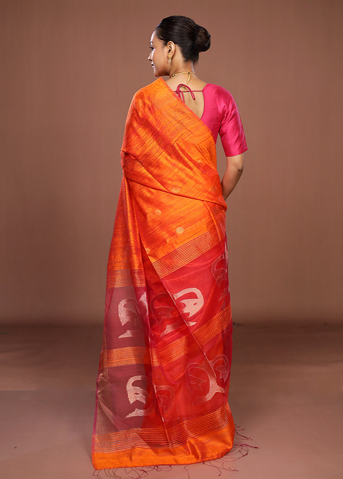 Rust Handloom Matka Pure Silk Saree With Blouse Piece