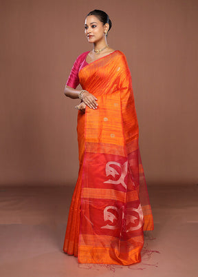 Rust Handloom Matka Pure Silk Saree With Blouse Piece