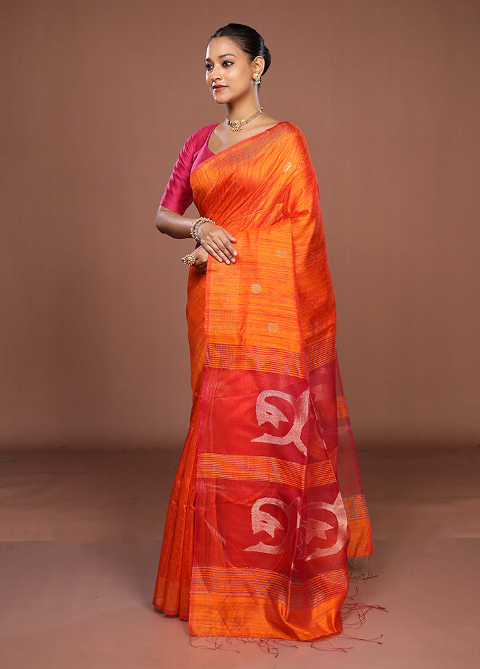 Rust Handloom Matka Pure Silk Saree With Blouse Piece