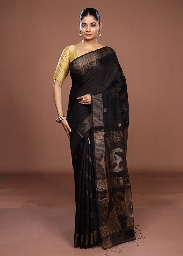 Black Handloom Matka Pure Silk Saree With Blouse Piece