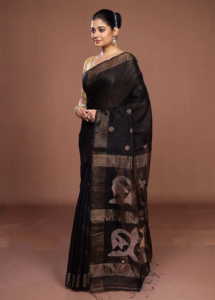 Black Handloom Matka Pure Silk Saree With Blouse Piece