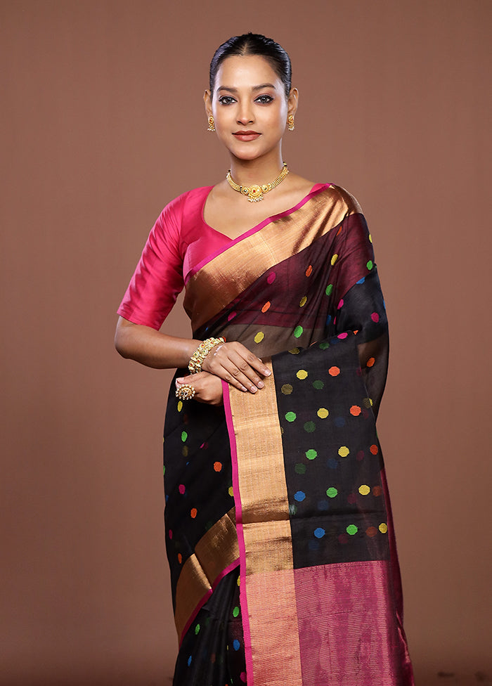 Black Handloom Matka Pure Silk Saree With Blouse Piece