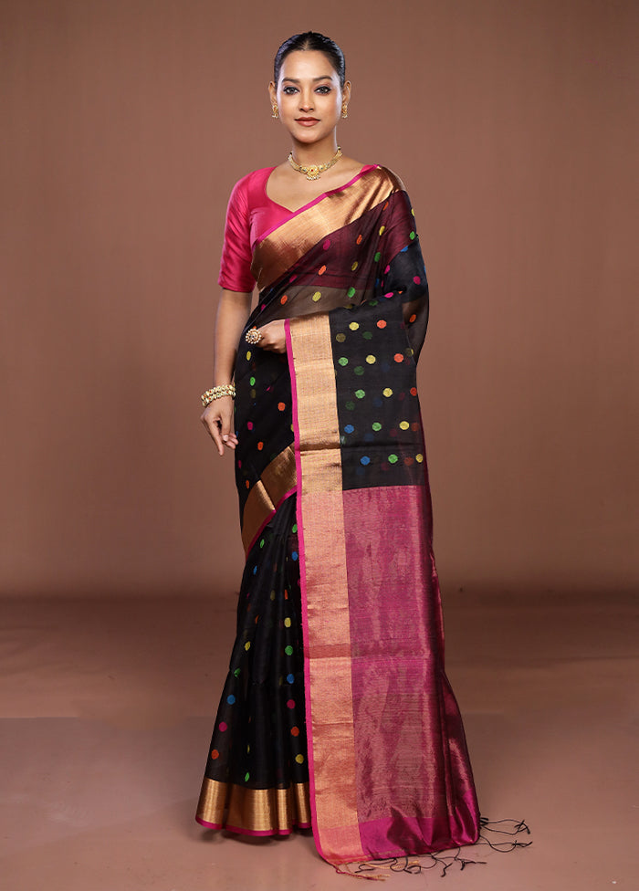 Black Handloom Matka Pure Silk Saree With Blouse Piece