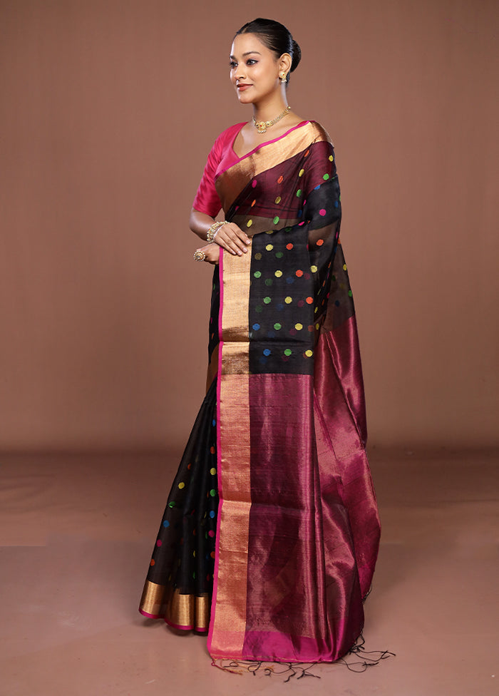 Black Handloom Matka Pure Silk Saree With Blouse Piece