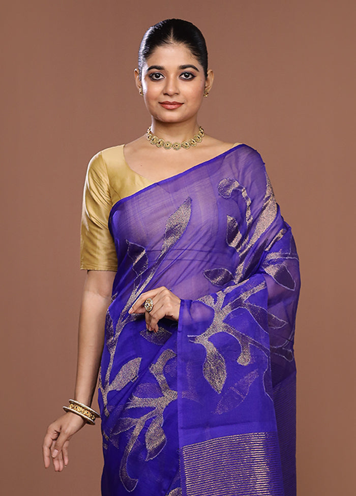 Blue Handloom Matka Pure Silk Saree With Blouse Piece