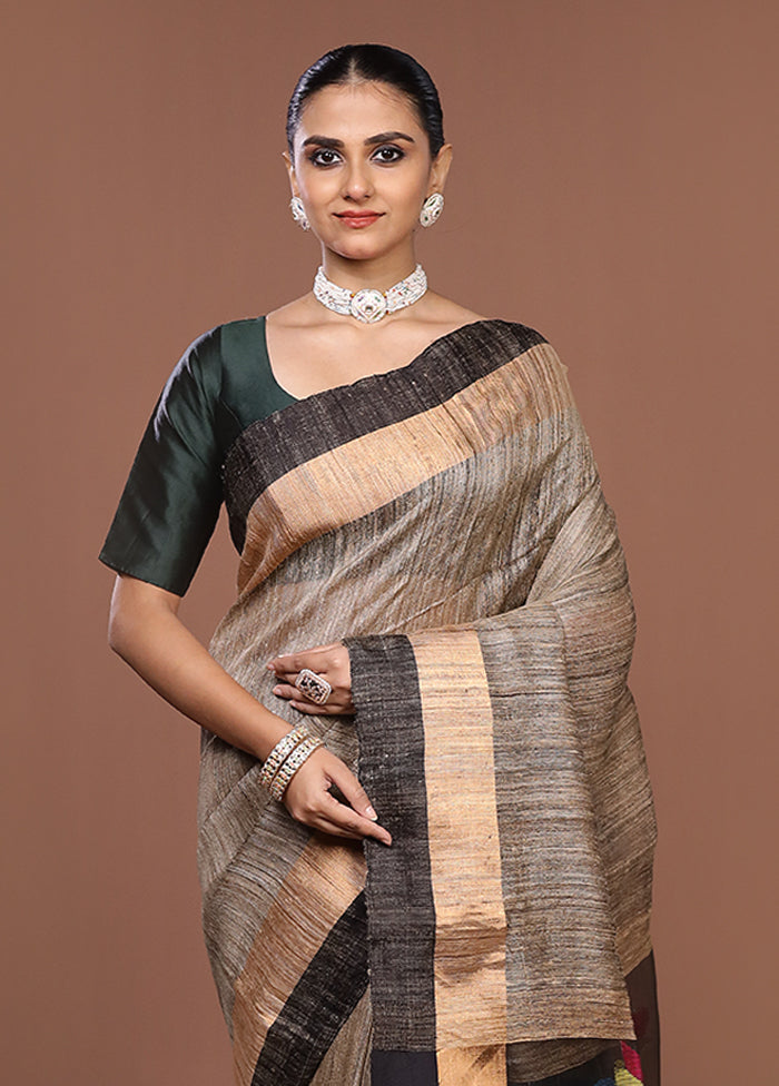 Grey Handloom Matka Pure Silk Saree With Blouse Piece