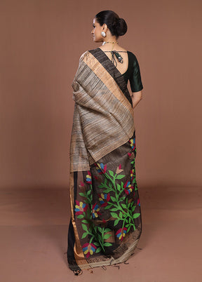 Grey Handloom Matka Pure Silk Saree With Blouse Piece