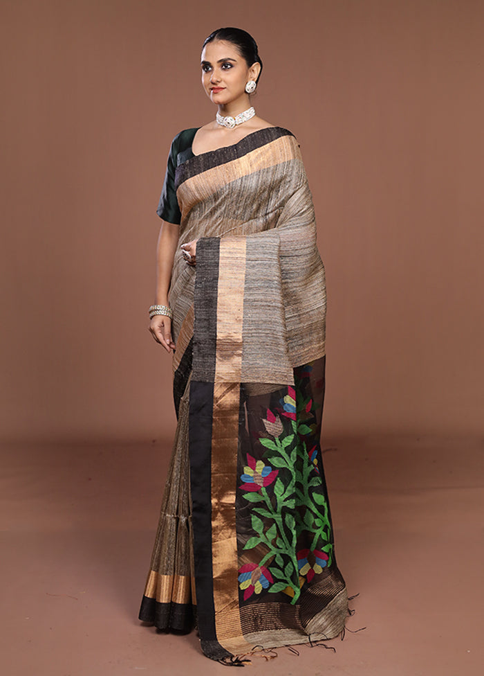 Grey Handloom Matka Pure Silk Saree With Blouse Piece
