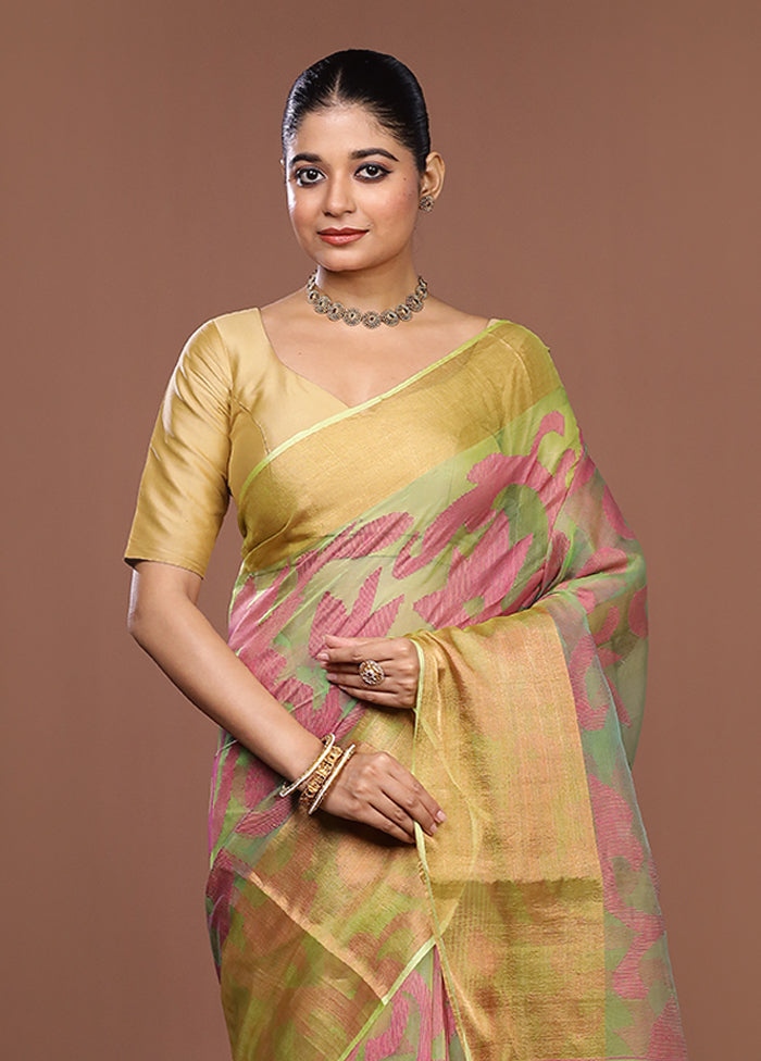 Green Handloom Matka Pure Silk Saree With Blouse Piece