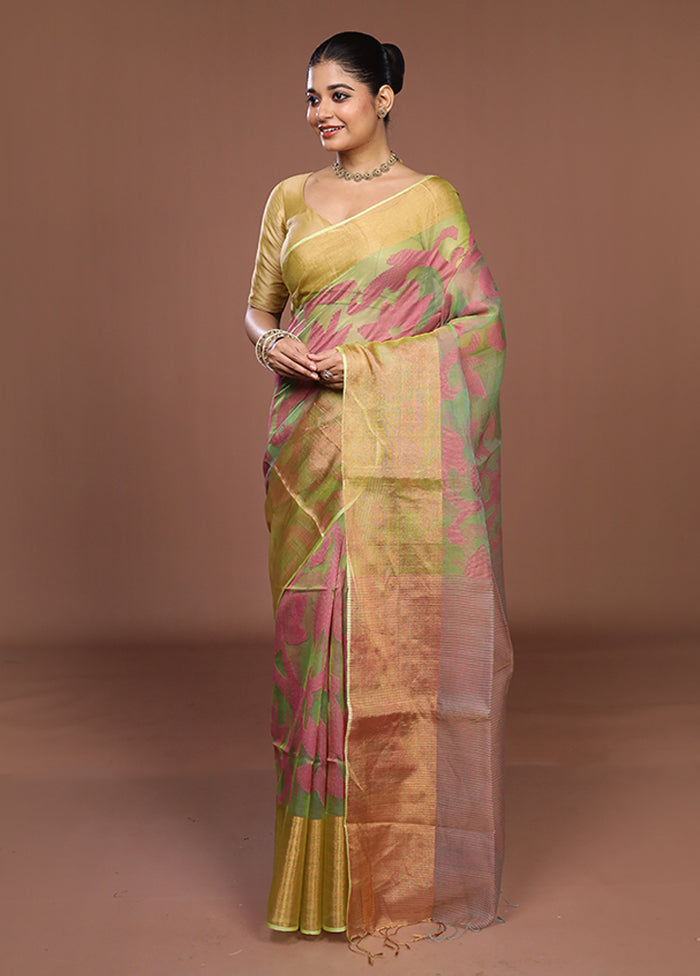 Green Handloom Matka Pure Silk Saree With Blouse Piece