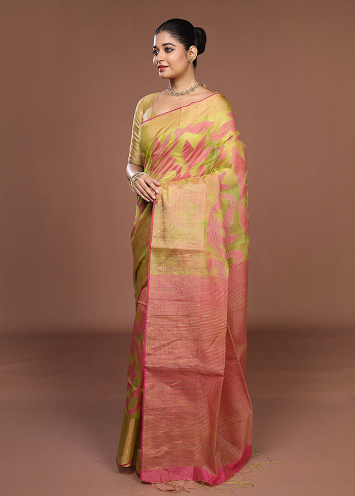 Green Handloom Matka Pure Silk Saree With Blouse Piece