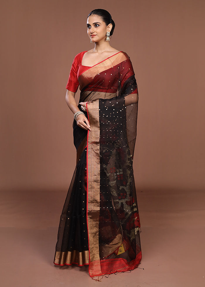Black Handloom Matka Pure Silk Saree With Blouse Piece