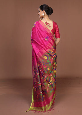 Pink Handloom Matka Pure Silk Saree With Blouse Piece