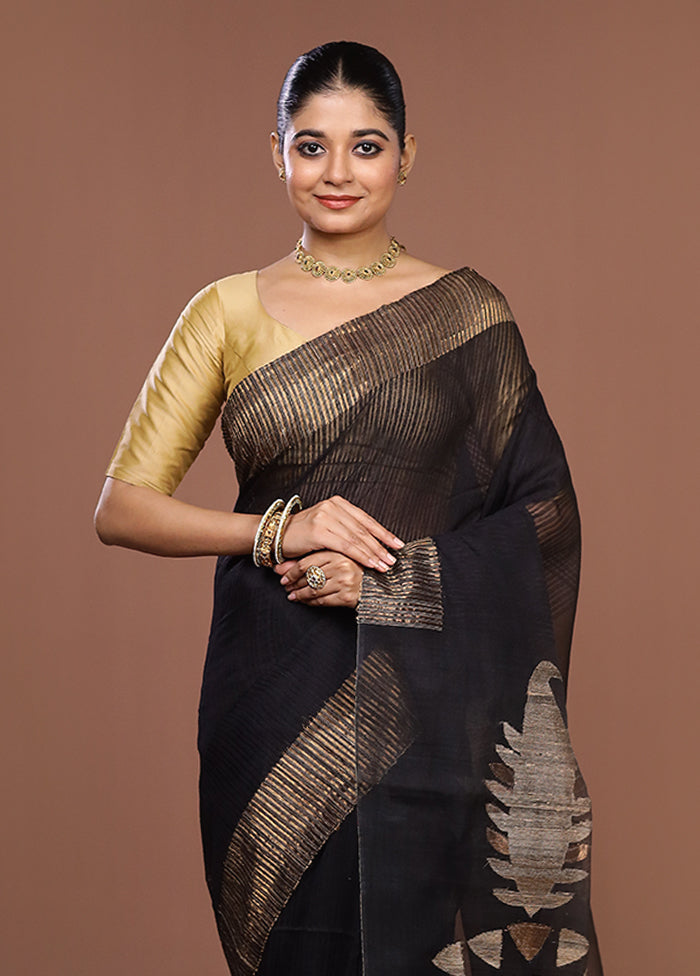 Black Handloom Matka Pure Silk Saree With Blouse Piece