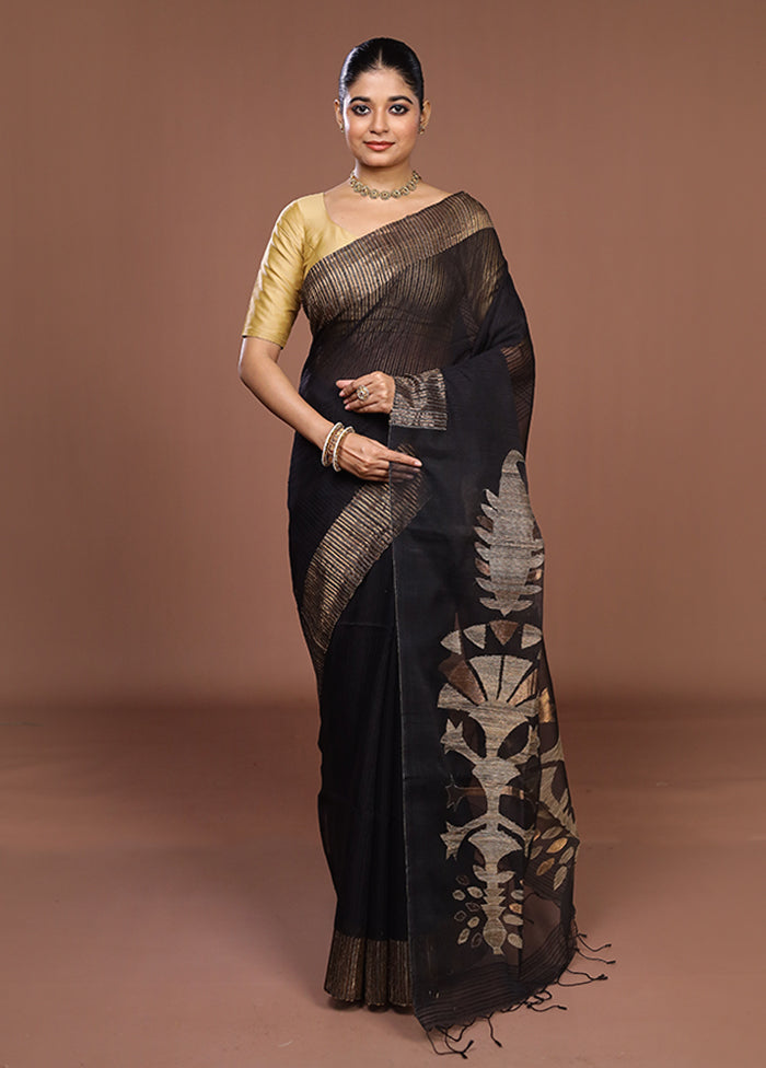 Black Handloom Matka Pure Silk Saree With Blouse Piece