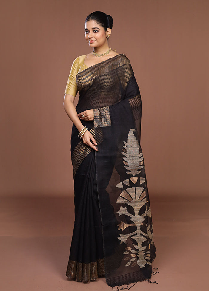 Black Handloom Matka Pure Silk Saree With Blouse Piece