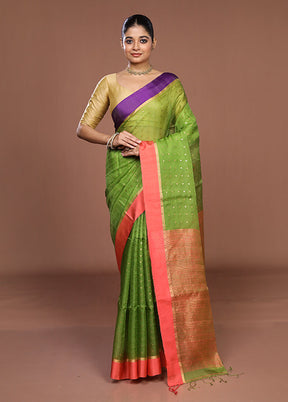 Green Handloom Matka Pure Silk Saree With Blouse Piece