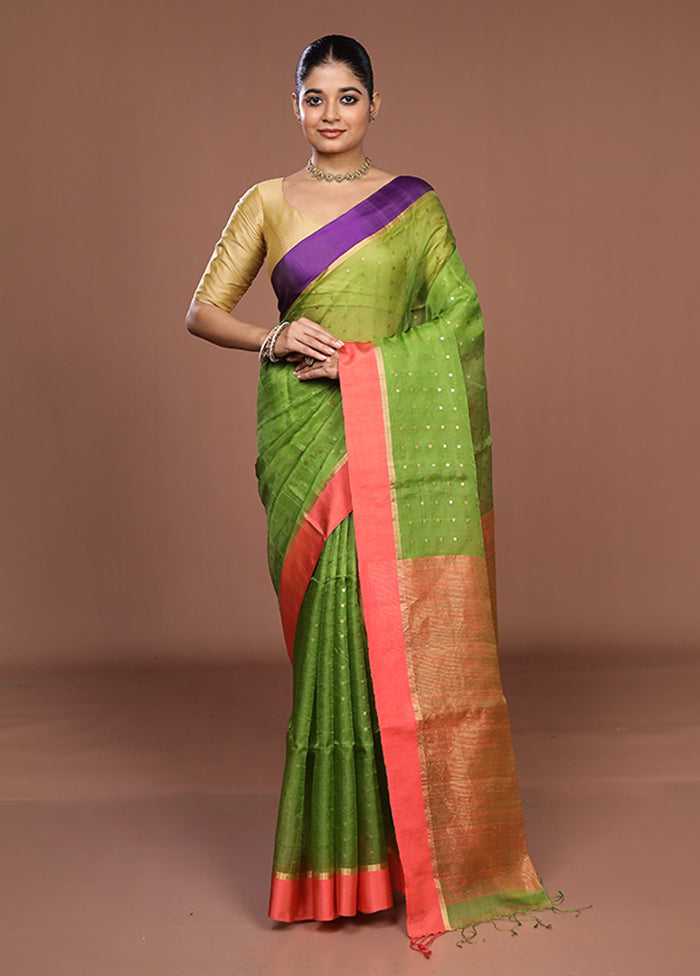 Green Handloom Matka Pure Silk Saree With Blouse Piece