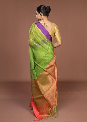 Green Handloom Matka Pure Silk Saree With Blouse Piece