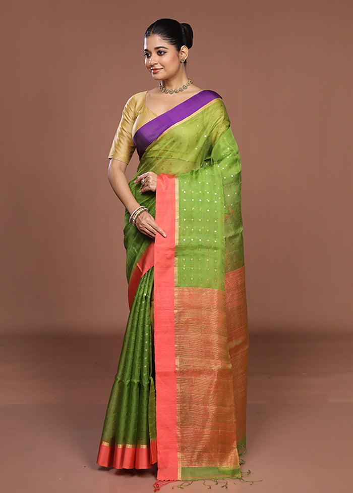 Green Handloom Matka Pure Silk Saree With Blouse Piece