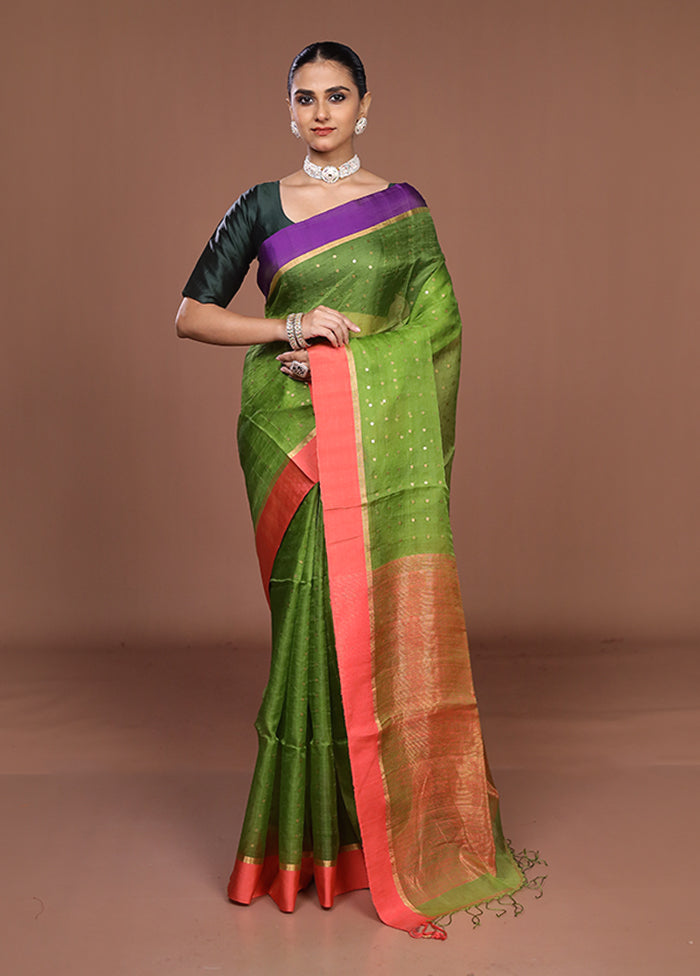 Green Handloom Matka Pure Silk Saree With Blouse Piece