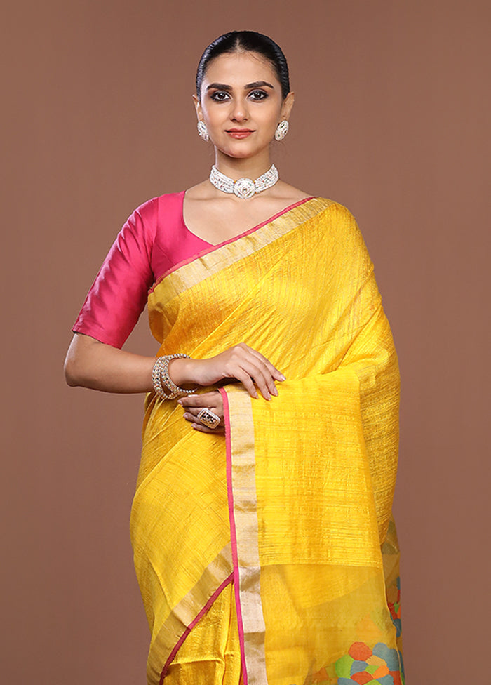 Yellow Handloom Matka Pure Silk Saree With Blouse Piece