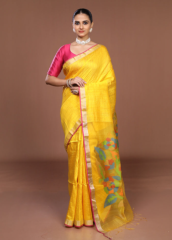 Yellow Handloom Matka Pure Silk Saree With Blouse Piece