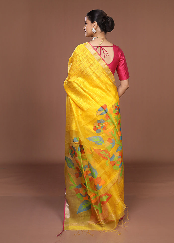 Yellow Handloom Matka Pure Silk Saree With Blouse Piece