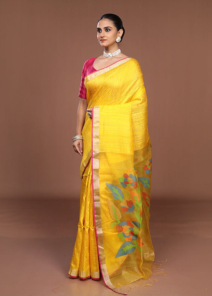 Yellow Handloom Matka Pure Silk Saree With Blouse Piece