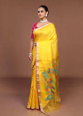 Yellow Handloom Matka Pure Silk Saree With Blouse Piece