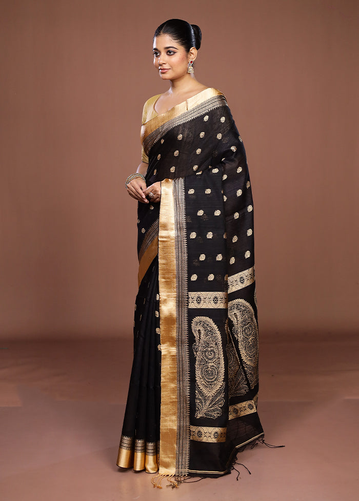 Black Handloom Matka Pure Silk Saree With Blouse Piece