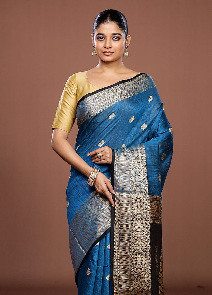 Blue Handloom Matka Pure Silk Saree With Blouse Piece