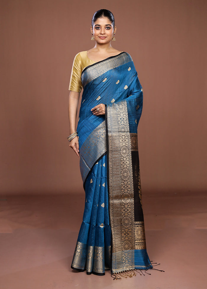 Blue Handloom Matka Pure Silk Saree With Blouse Piece